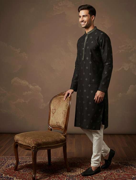 men solid with work mandarin neck ethnic wear set - 22332028 -  Standard Image - 1
