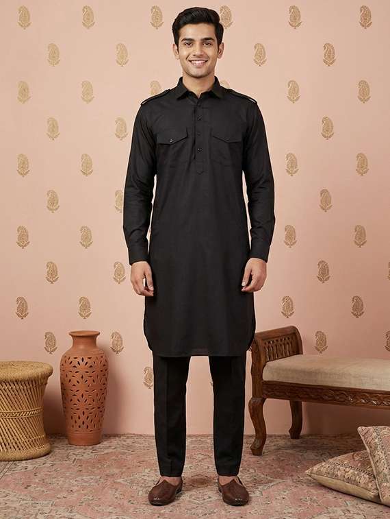 men solid long sleeve pathani ethnic wear set