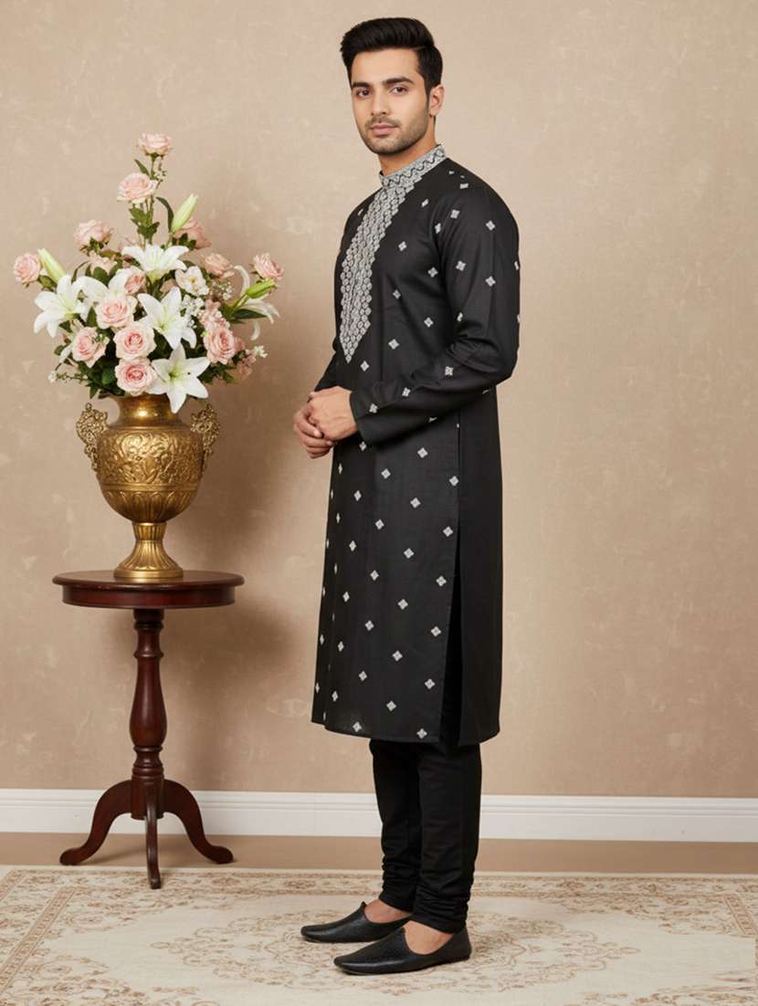 men solid with work mandarin neck long kurta - 22332042 -  Standard Image - 1