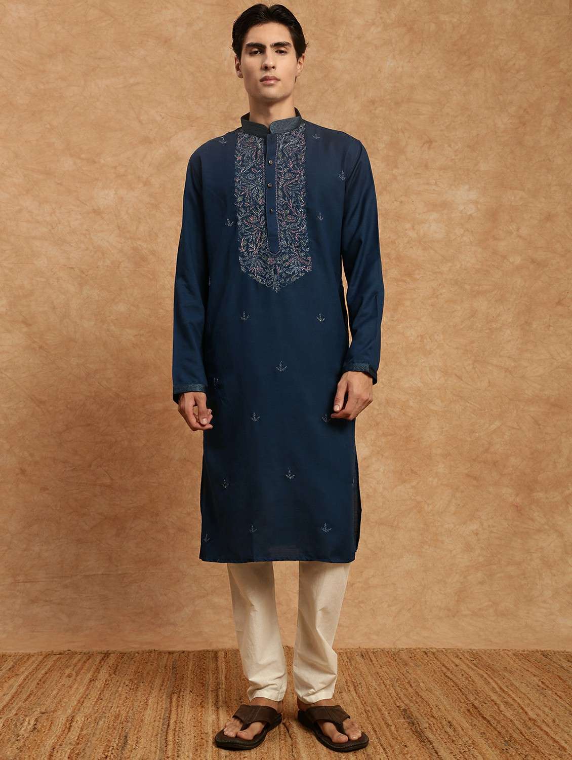 men solid with work mandarin neck long kurta - 22332064 -  Standard Image - 1