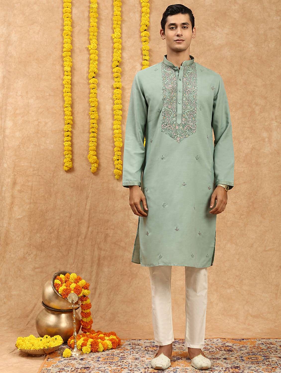 men solid with work mandarin neck long kurta - 22332065 -  Standard Image - 1