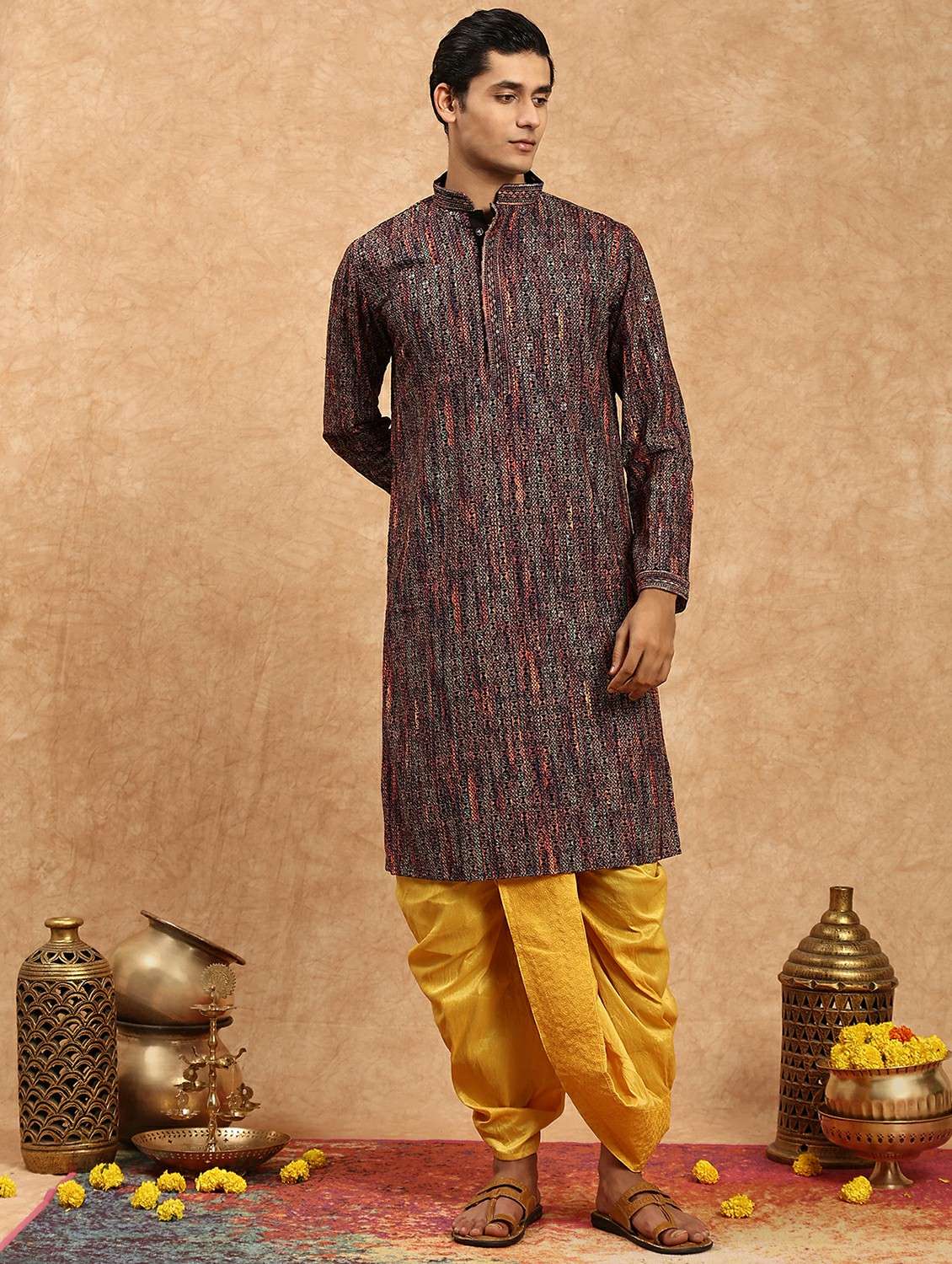 men printed mandarin neck long kurta - 22332070 -  Standard Image - 1