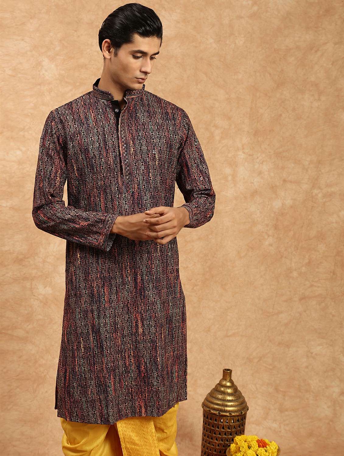 men printed mandarin neck long kurta - 22332070 -  Standard Image - 4