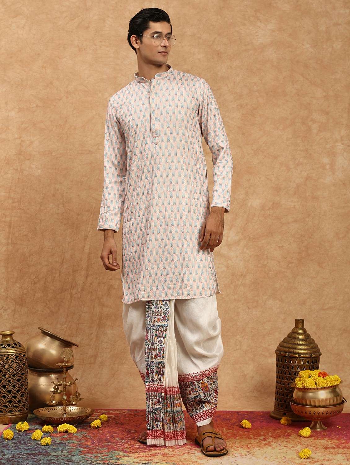 men solid with work mandarin neck long kurta - 22332075 -  Standard Image - 1
