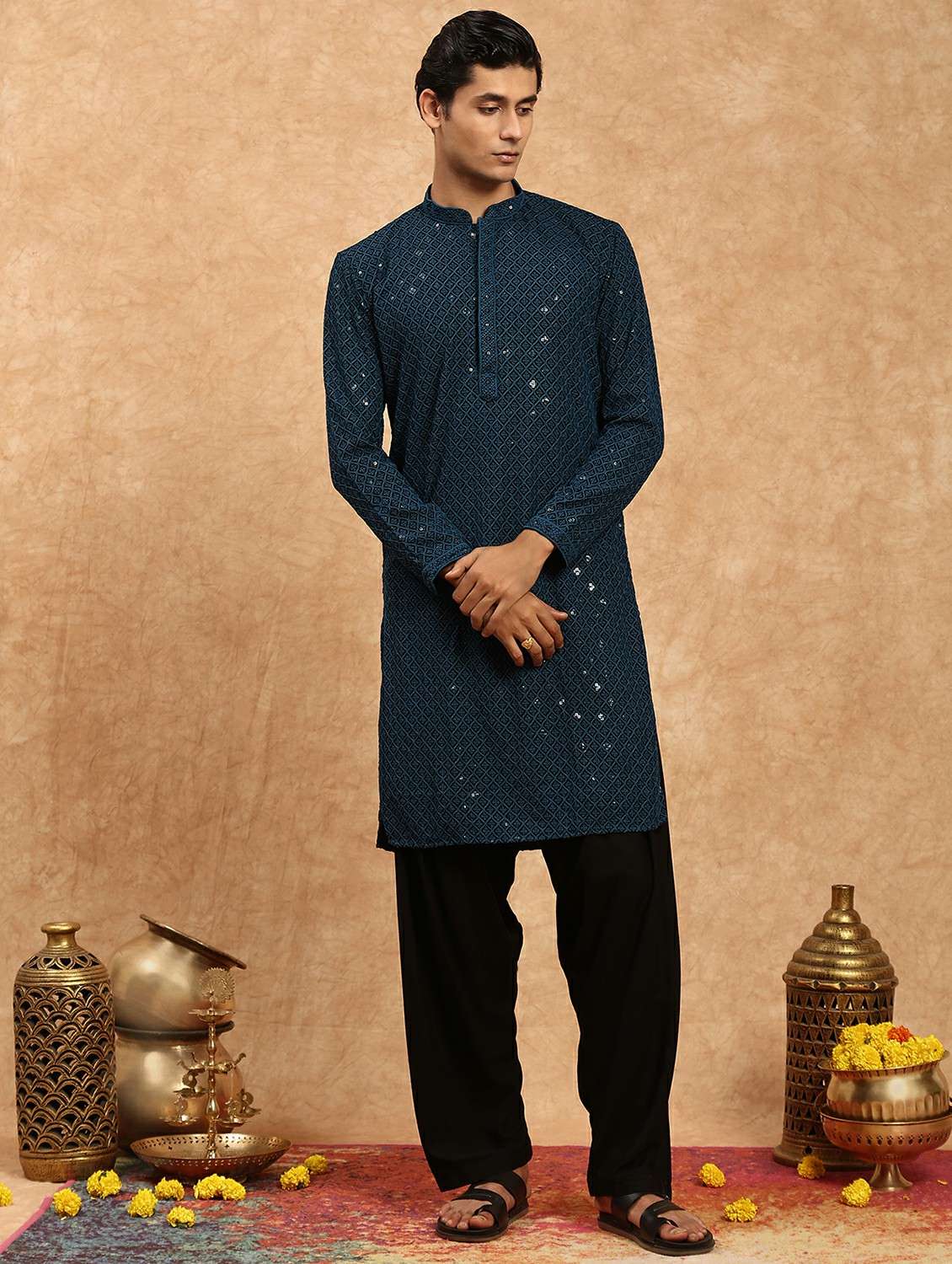 men solid with work mandarin neck long kurta - 22332079 -  Standard Image - 1