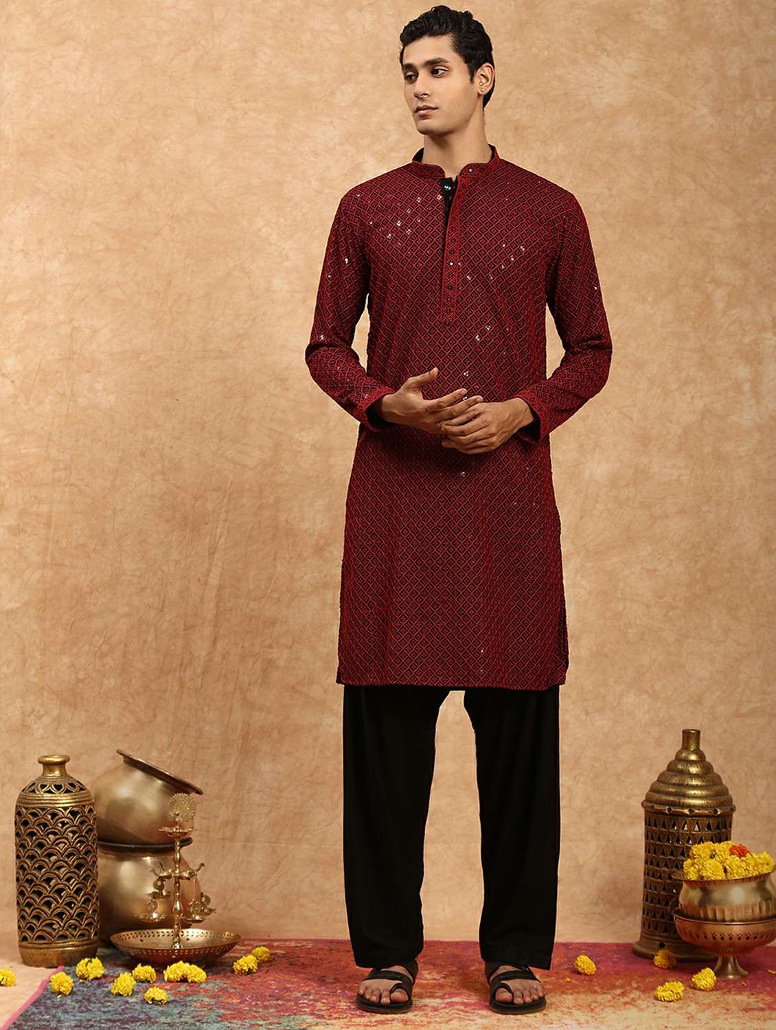 men solid with work mandarin neck long kurta