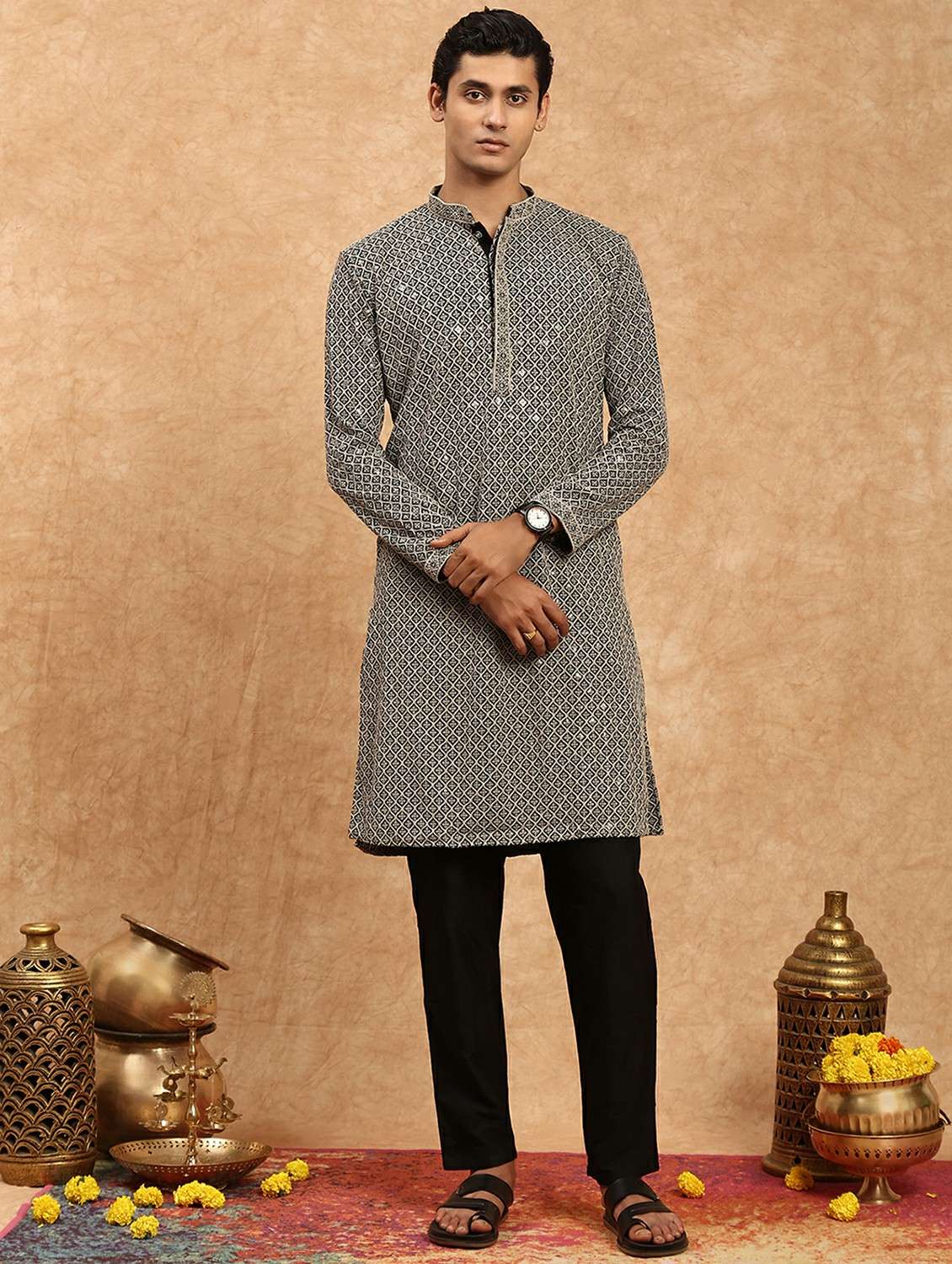 men solid with work mandarin neck long kurta - 22332082 -  Standard Image - 1