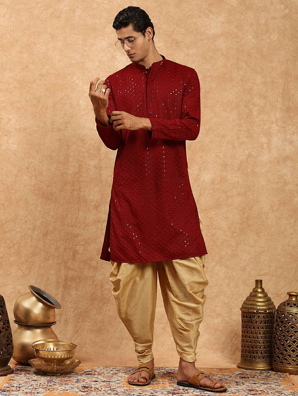 men solid with work mandarin neck long kurta