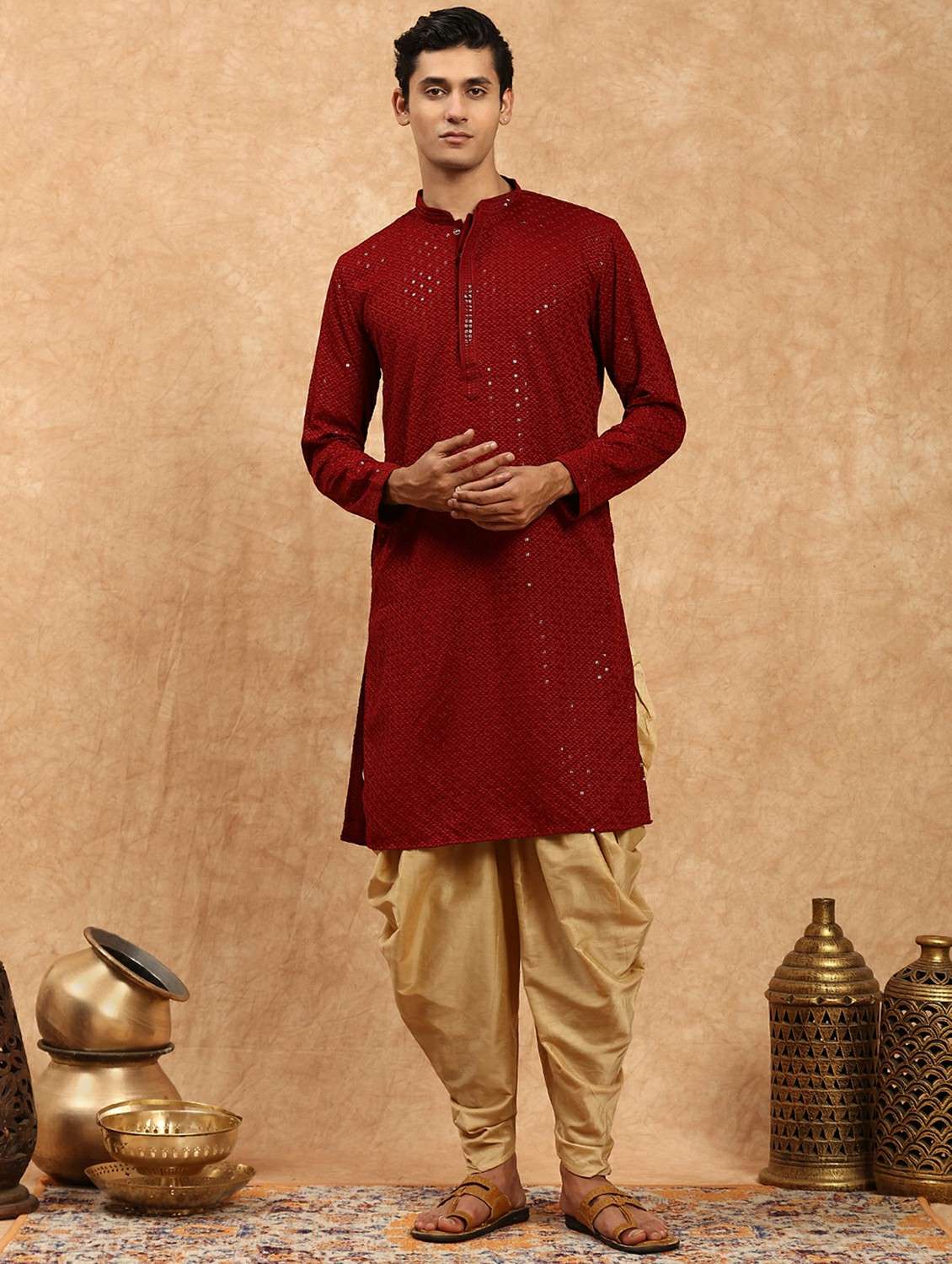 men solid with work mandarin neck long kurta - 22332092 -  Standard Image - 1
