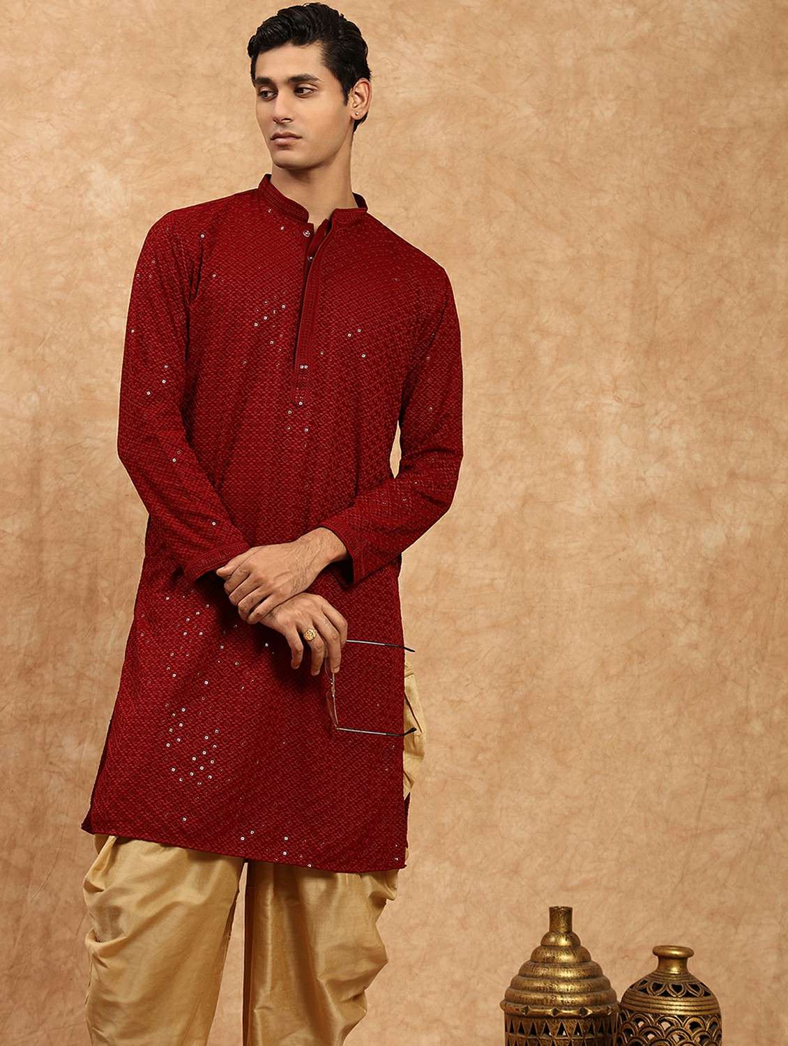 men solid with work mandarin neck long kurta - 22332092 -  Standard Image - 4
