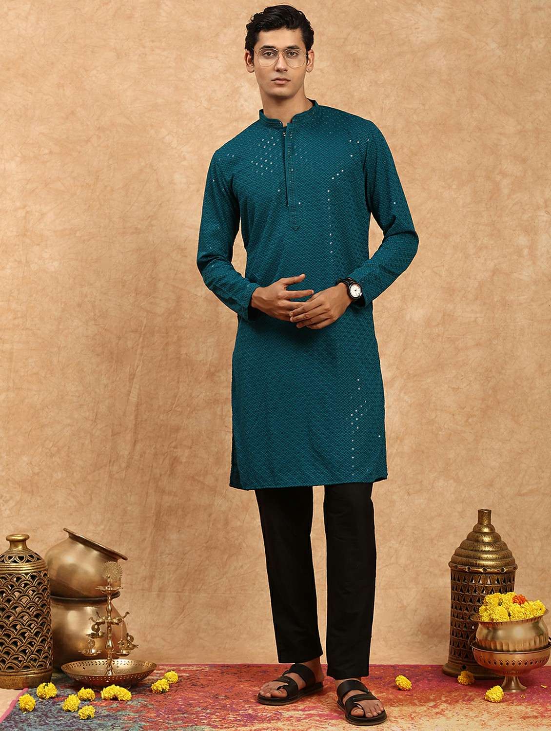 men solid with work mandarin neck long kurta