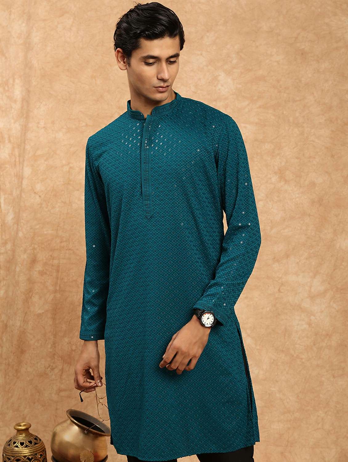 men solid with work mandarin neck long kurta - 22332096 -  Standard Image - 4