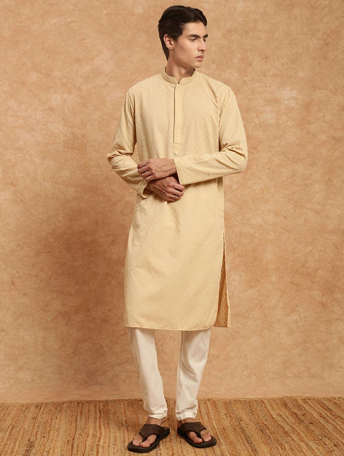 men solid with work mandarin neck long kurta - 22332099 -  Standard Image - 1