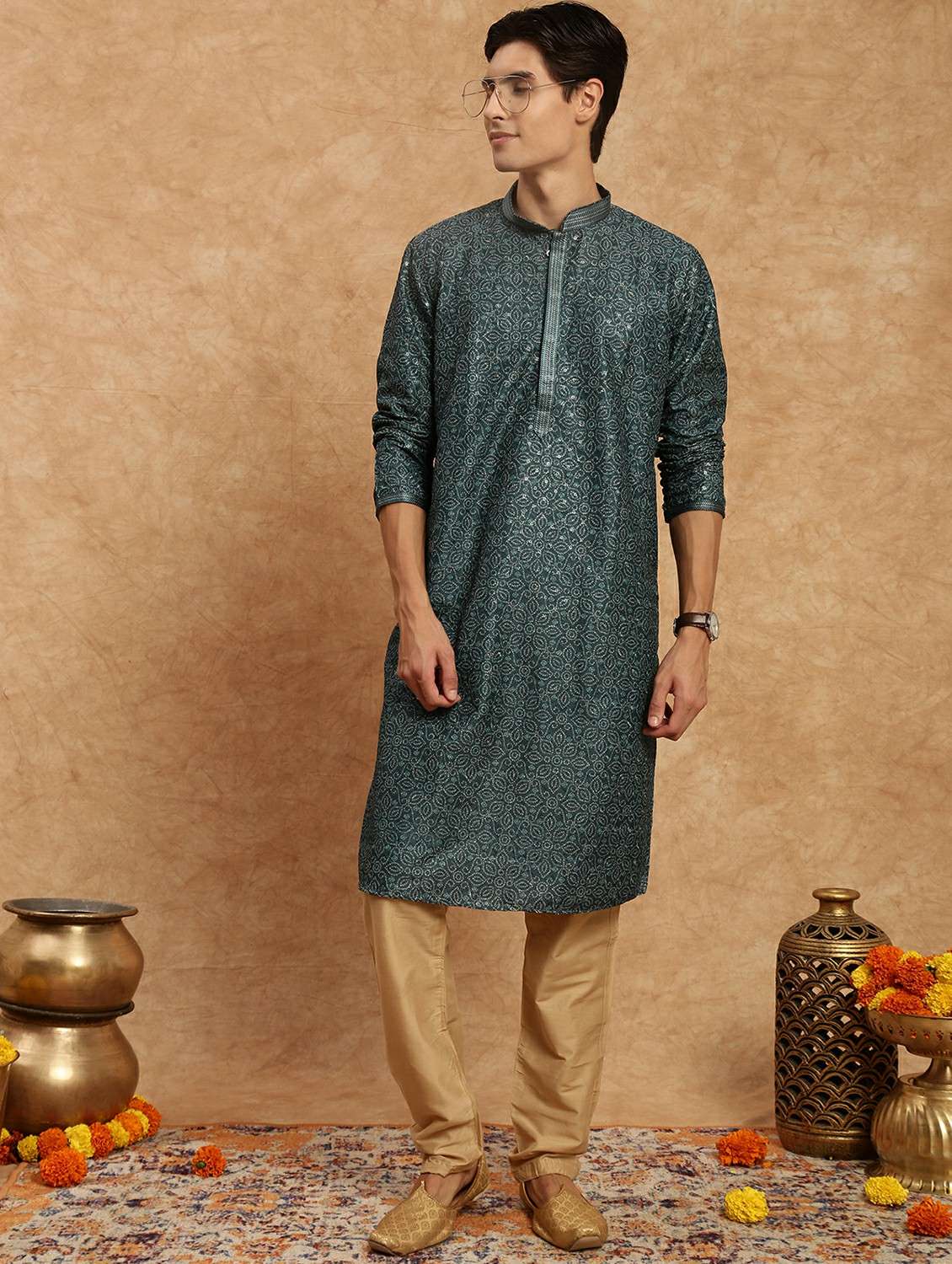 men printed mandarin neck long kurta - 22332103 -  Standard Image - 1
