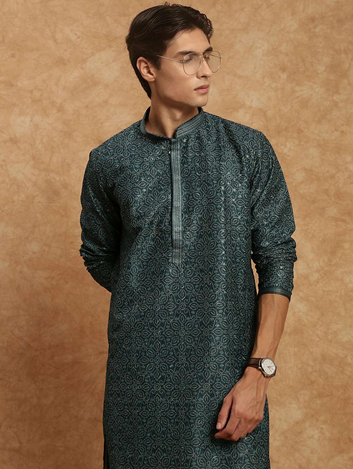 men printed mandarin neck long kurta - 22332103 -  Standard Image - 4