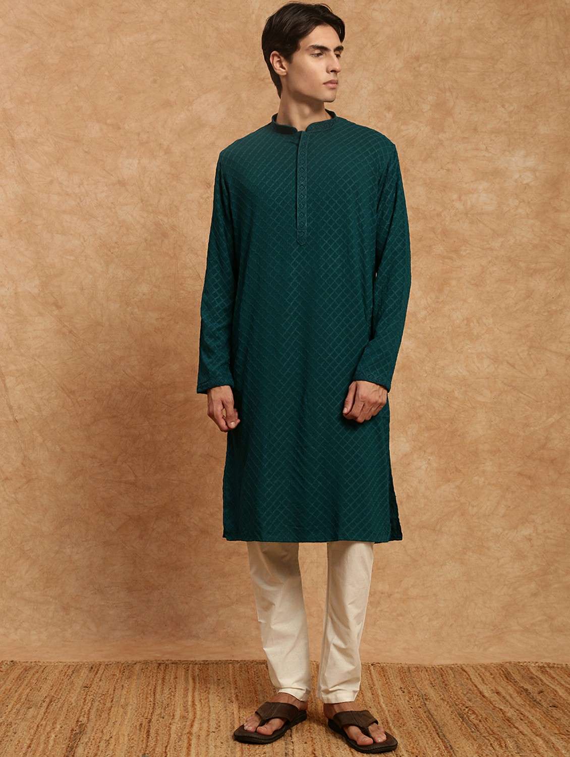 men solid with work mandarin neck long kurta - 22332110 -  Standard Image - 1