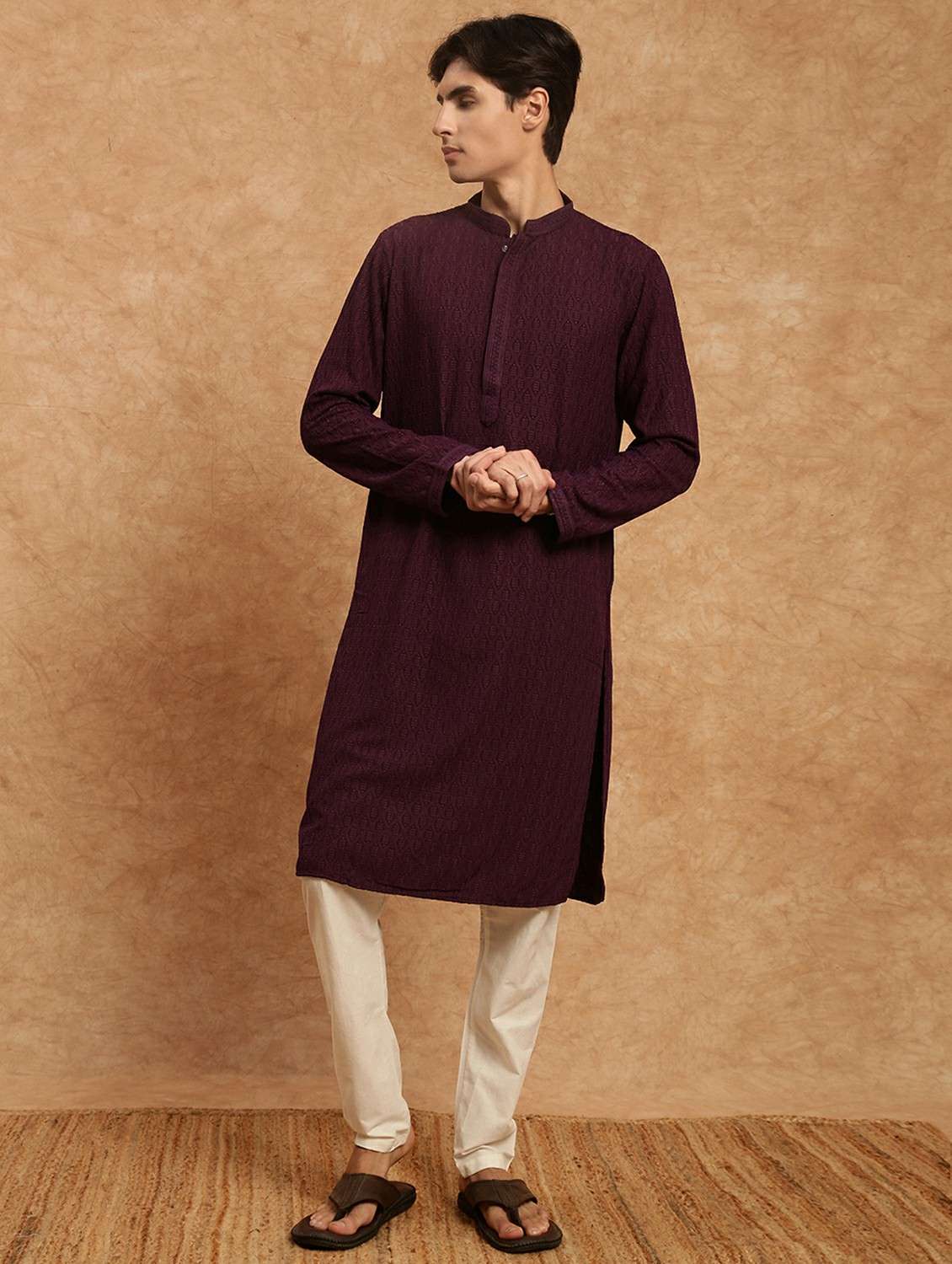 men solid with work mandarin neck long kurta - 22332111 -  Standard Image - 1
