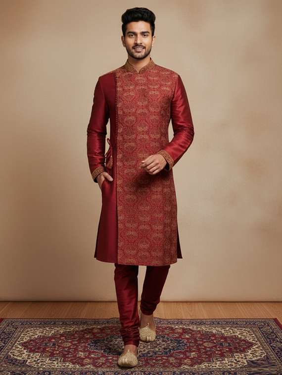 men self design mandarin neck angrakha kurta - 22332119 -  Standard Image - 1
