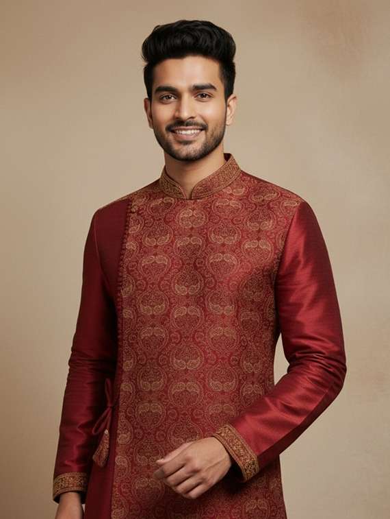 men self design mandarin neck angrakha kurta - 22332119 -  Standard Image - 4