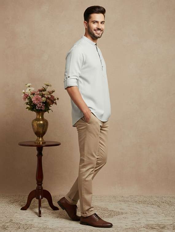 men self design mandarin neck short kurta - 22332120 -  Standard Image - 1