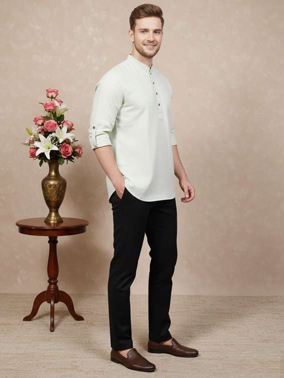 men solid mandarin neck short kurta - 22332122 -  Standard Image - 1