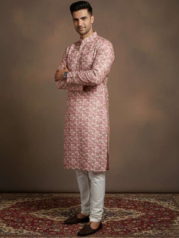 men self design mandarin neck long kurta - 22332125 -  Standard Image - 1