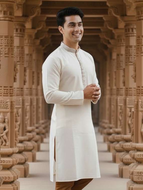 men self design mandarin neck long kurta - 22332140 -  Standard Image - 1