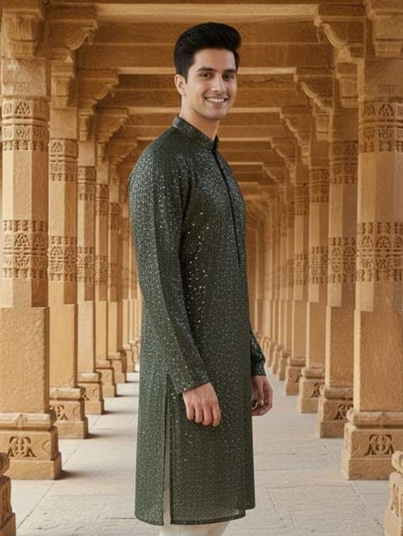 men solid with work mandarin neck long kurta - 22332160 -  Standard Image - 1