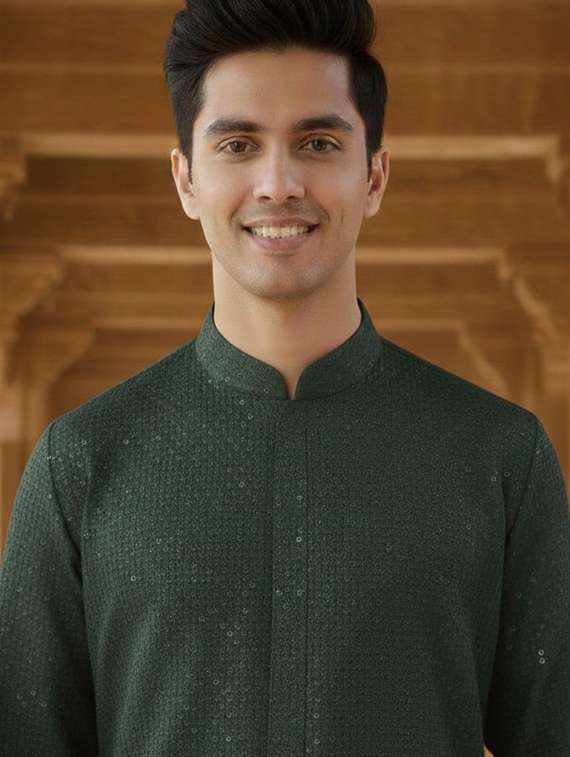 men solid with work mandarin neck long kurta - 22332160 -  Standard Image - 4