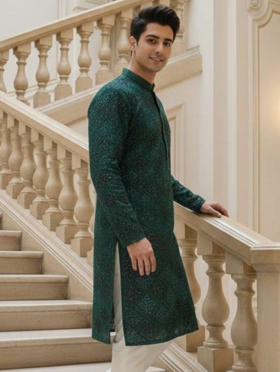 men solid with work mandarin neck long kurta - 22332164 -  Standard Image - 1