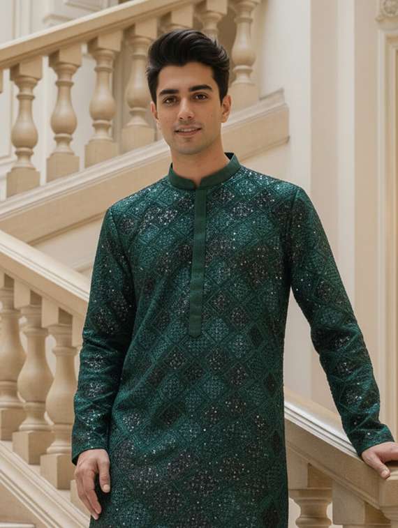 men solid with work mandarin neck long kurta - 22332164 -  Standard Image - 4