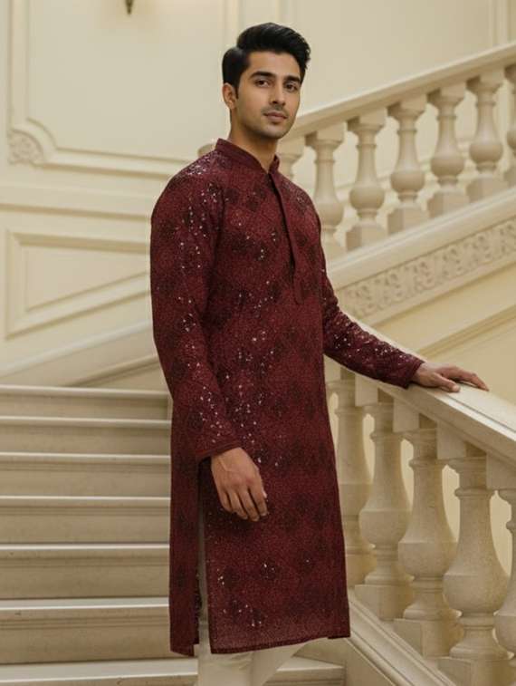 men solid with work mandarin neck long kurta - 22332165 -  Standard Image - 1
