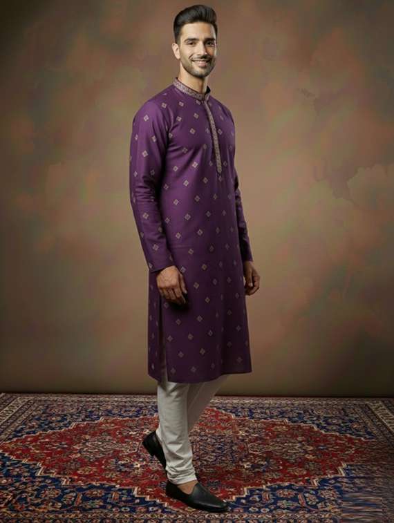 men solid with work mandarin neck long kurta - 22332192 -  Standard Image - 1