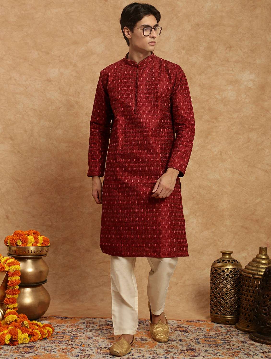 men self design mandarin neck long kurta