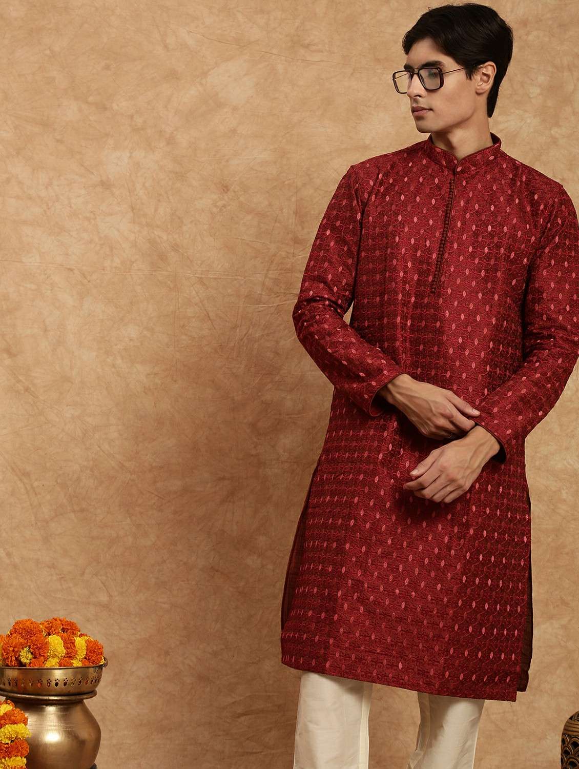 men self design mandarin neck long kurta - 22332193 -  Standard Image - 4