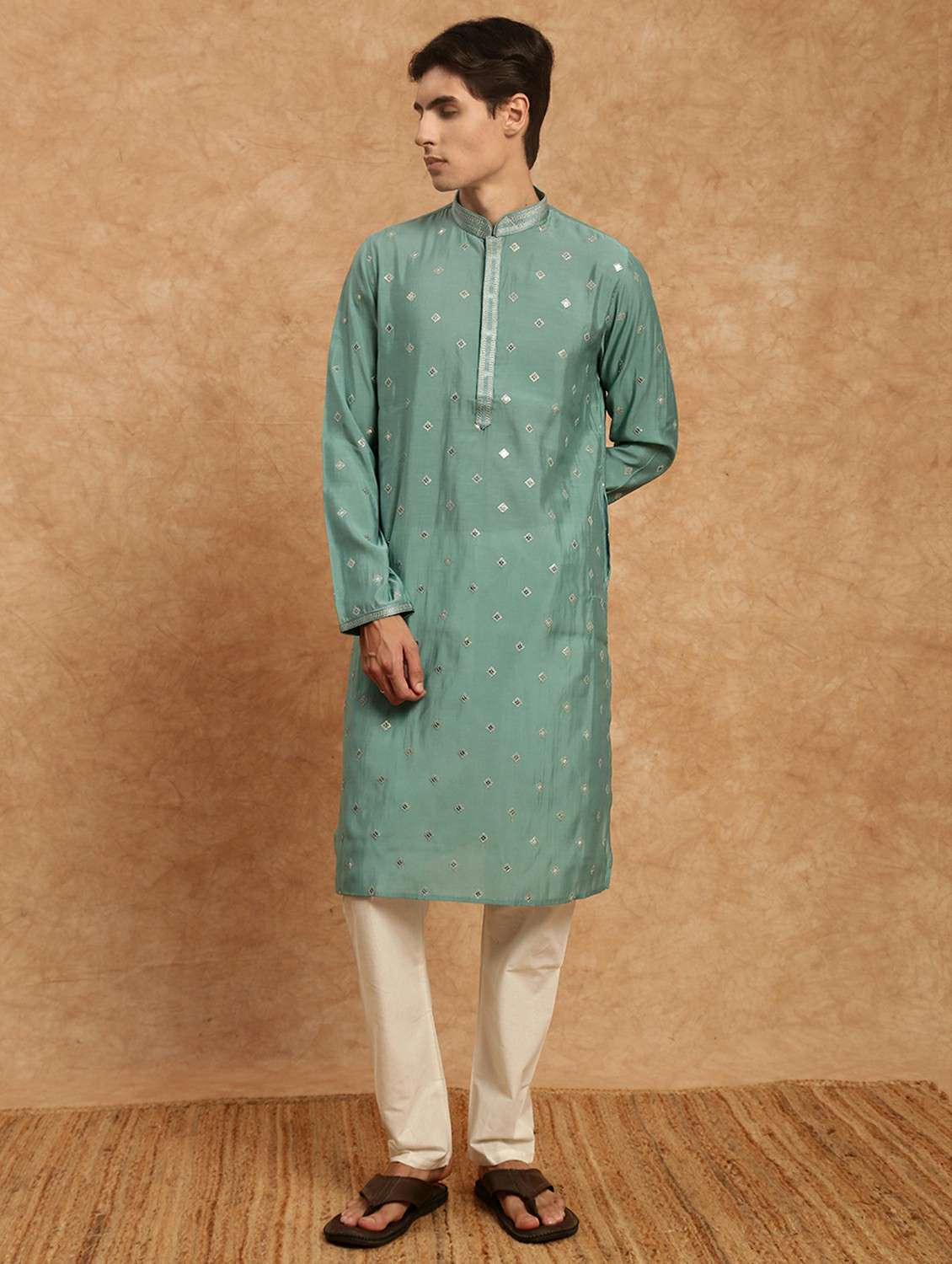men solid with work mandarin neck long kurta - 22332210 -  Standard Image - 1