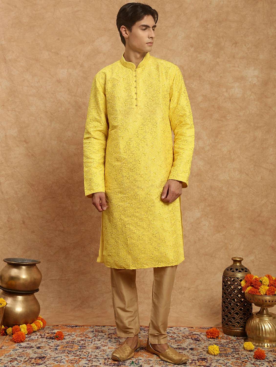 men solid with work mandarin neck long kurta - 22332211 -  Standard Image - 1