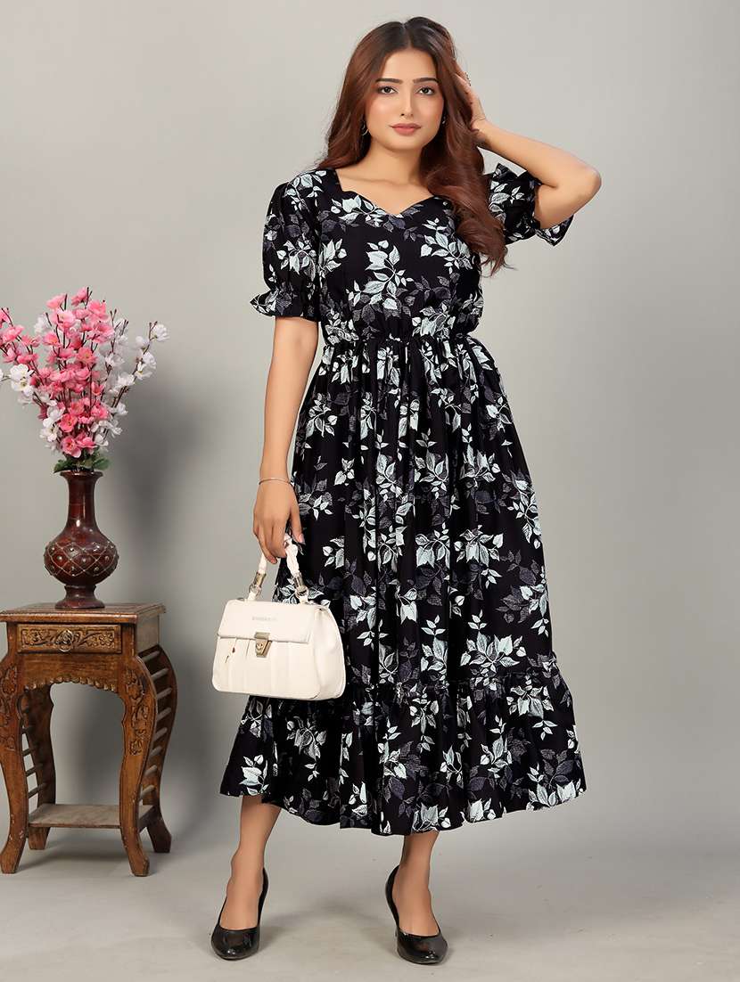 women printed puff sleeve tiered dress