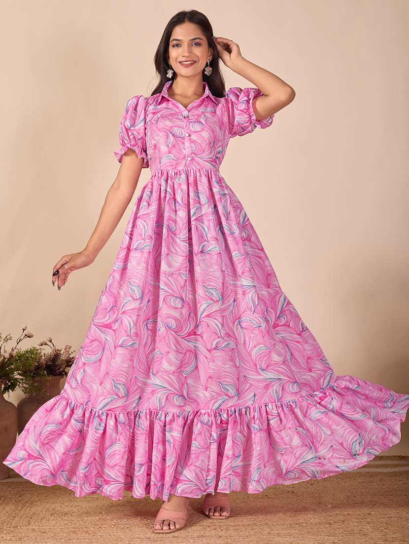 women abstract print puff sleeve tiered dress