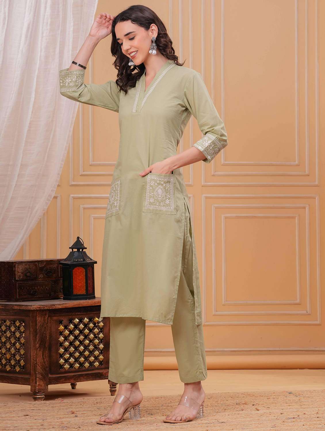 women solid with work v neck kurta pant set - 22332246 -  Standard Image - 1