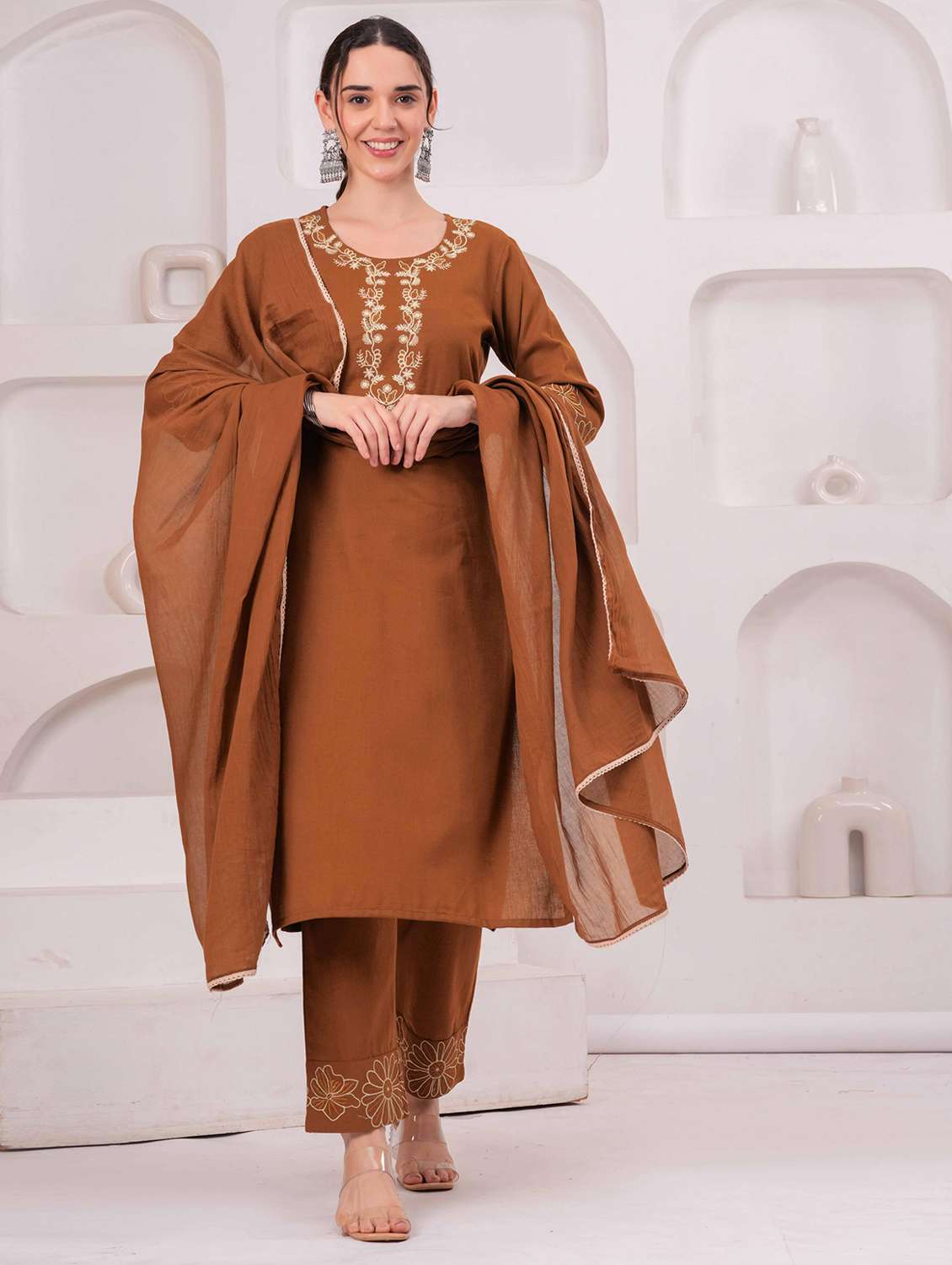 women solid with work round neck kurta pant with dupatta set - 22332248 -  Standard Image - 1