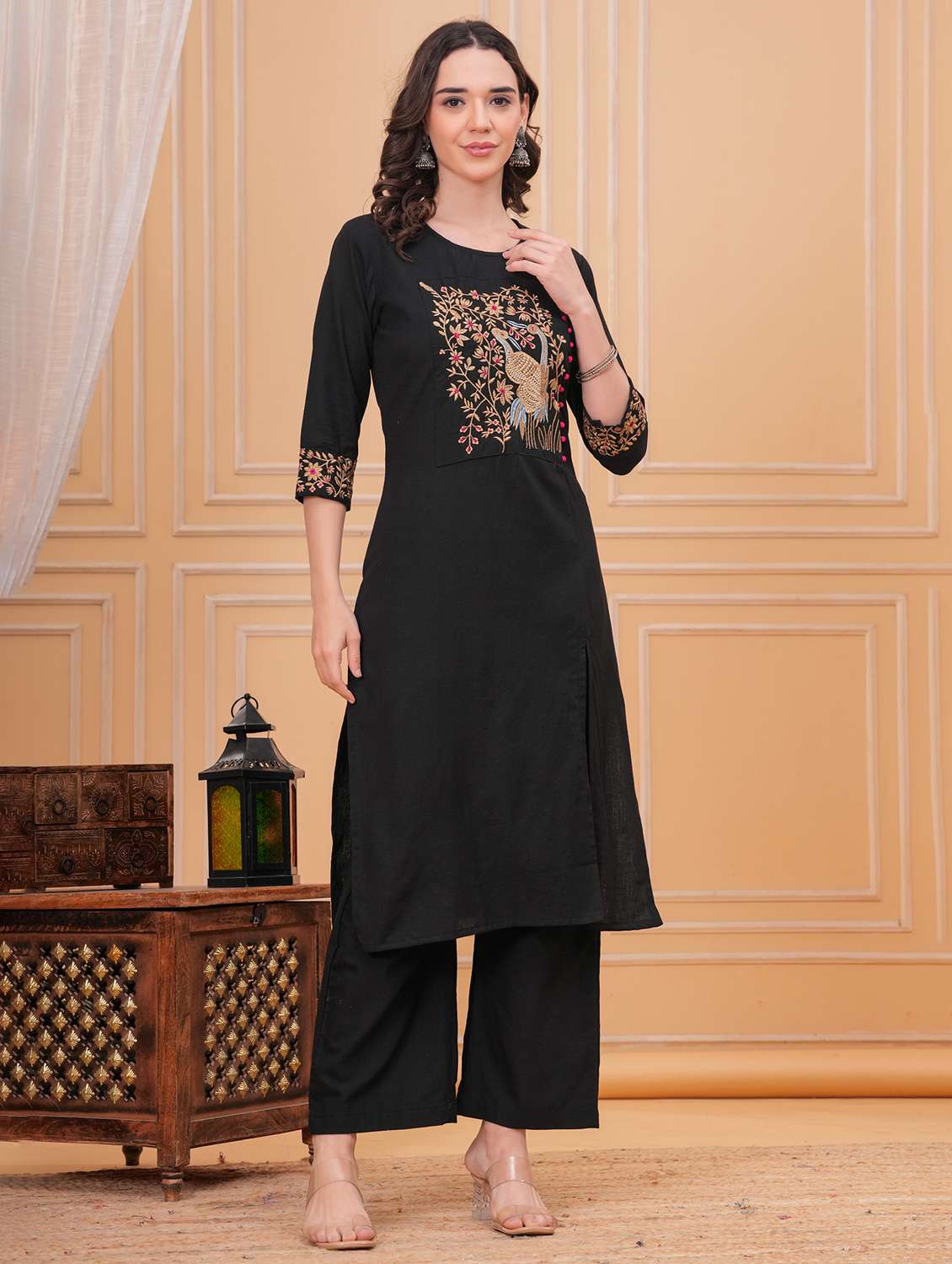 women solid with work round neck kurta pant with dupatta set - 22332258 -  Standard Image - 1