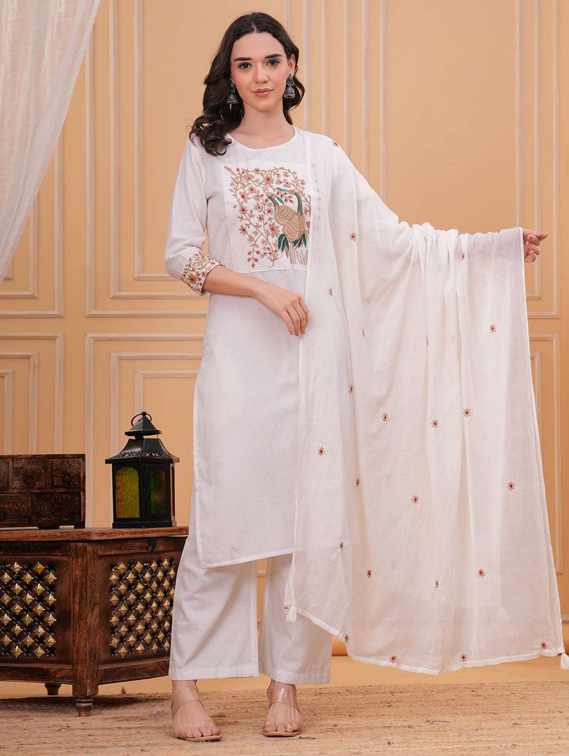 women solid with work round neck kurta pant with dupatta set