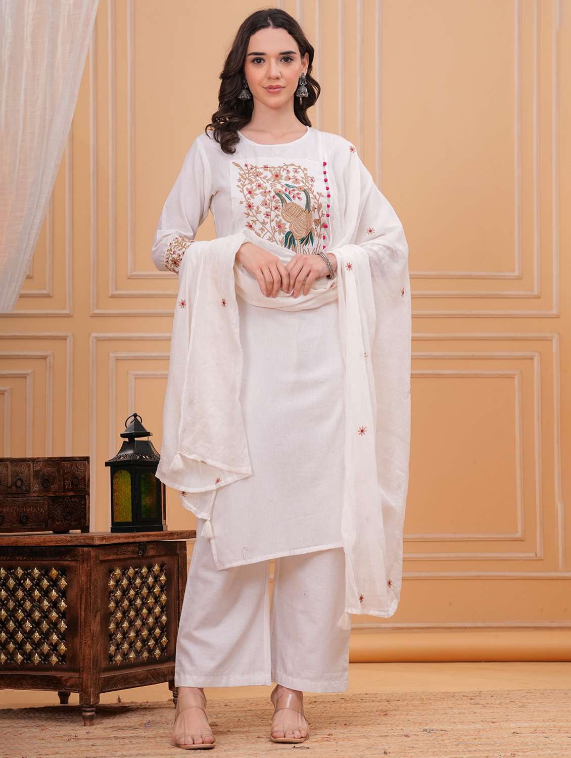 women solid with work round neck kurta pant with dupatta set - 22332259 -  Standard Image - 1