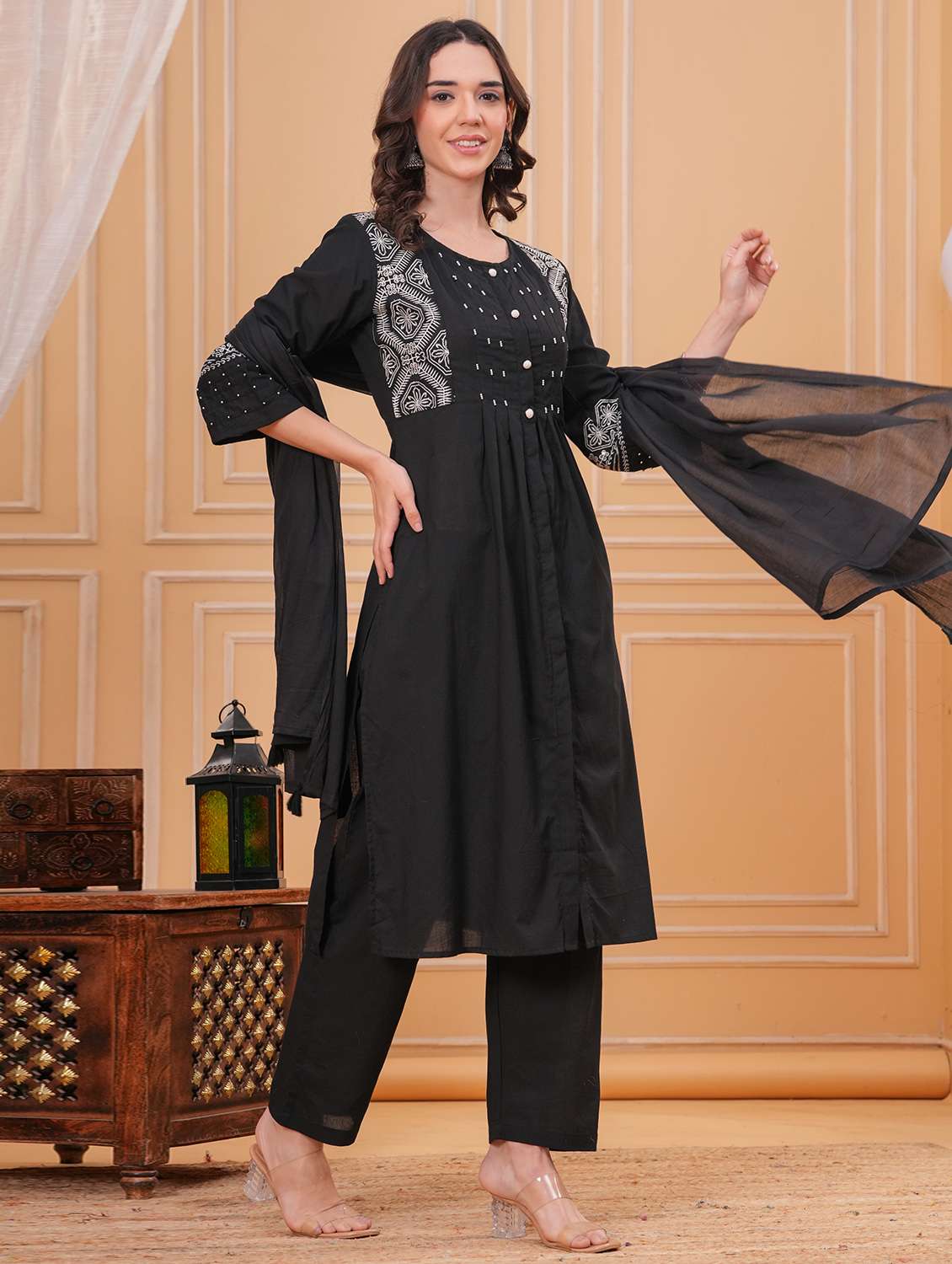 women solid with work round neck kurta pant with dupatta set - 22332264 -  Standard Image - 1