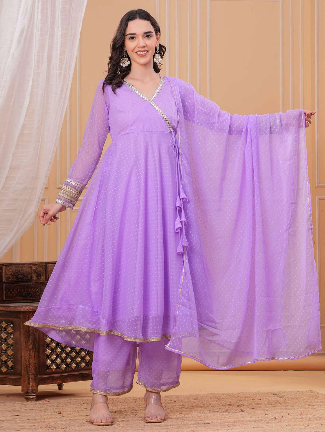 women self design long sleeve kurta palazzo with dupatta set