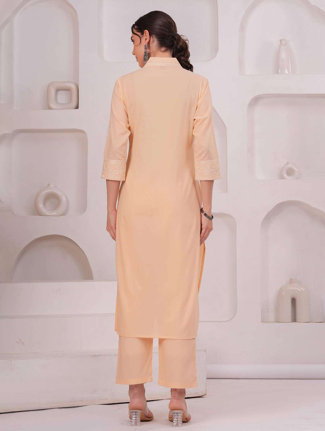 women solid with work three quarter sleeve kurta pant set - 22332273 -  Standard Image - 4