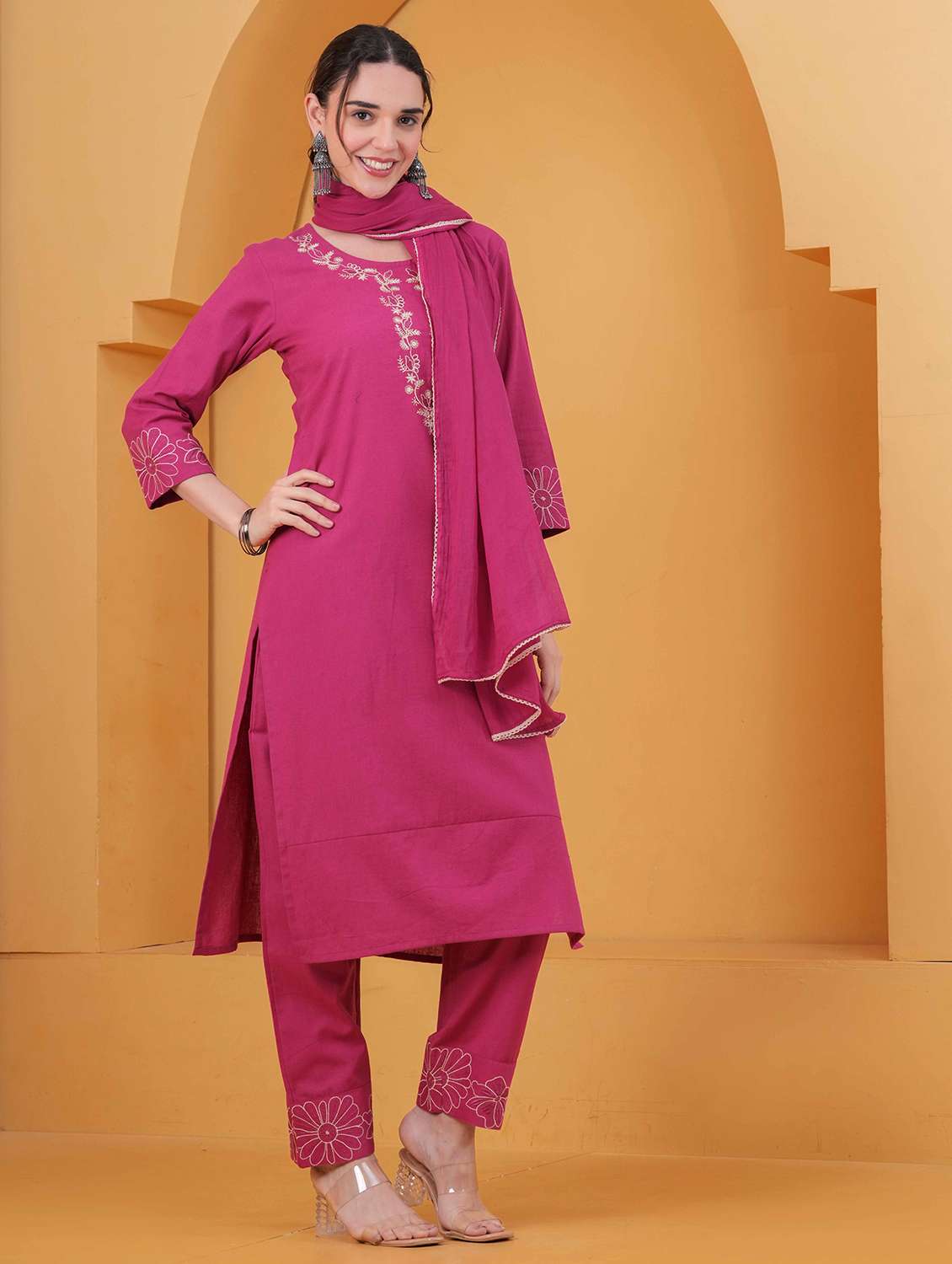 women solid with work round neck kurta pant with dupatta set - 22332275 -  Standard Image - 1