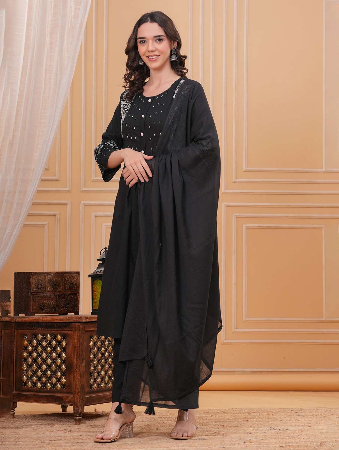 women solid with work three quarter sleeve kurta pant with dupatta set - 22332292 -  Standard Image - 1