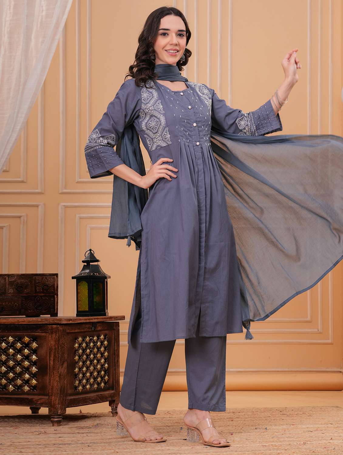 women solid with work round neck kurta pant with dupatta set - 22332293 -  Standard Image - 1